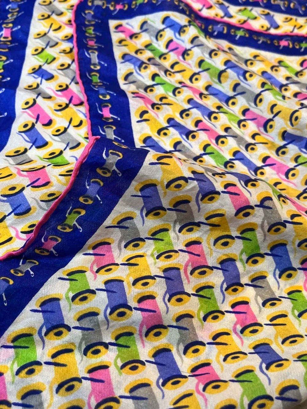 100% silk Scarf - Blue & Pink features sewing motif 17X17
